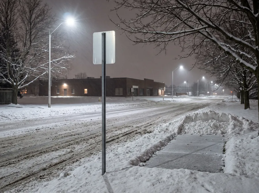 Bus stop pole on a snowy road at night