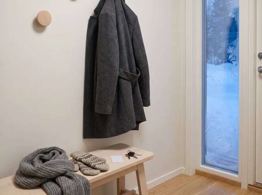 Wool coat, scarf and mittens by a door