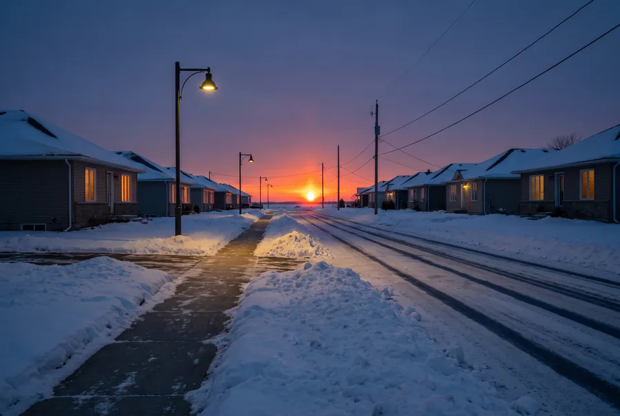 Small-town street in December at sunset
