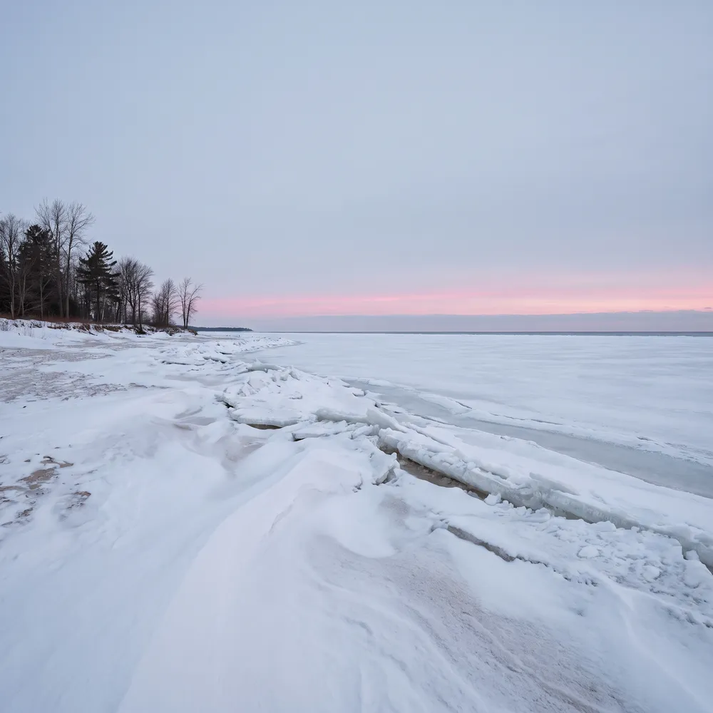 Snowy beach and lake ice at blue hour